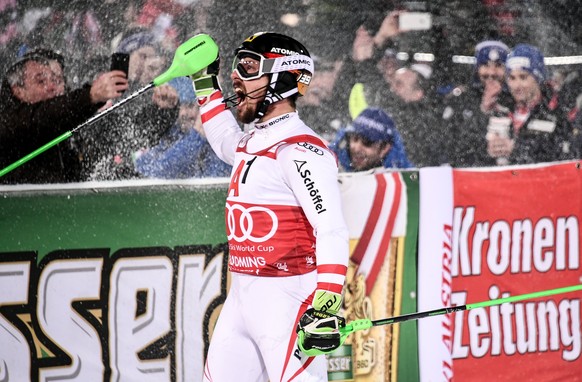 epa06468795 Marcel Hirscher of Austria reacts after winning the men&#039;s Slalom race at the FIS Alpine Skiing World Cup in Schladming, Austria, 23 January 2018. EPA/CHRISTIAN BRUNA