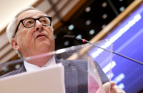 epa07482402 European Commission President Jean-Claude Juncker speaks during a plenary session at the European Parliament in Brussels, Belgium, 03 April 2019. Juncker extended the plenary session to sp ...