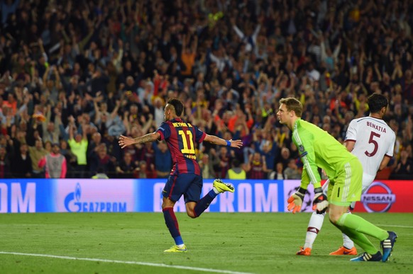 BARCELONA, SPAIN - MAY 06: Neymar of Barcelona turns away to celebrate after scoring his team&#039;s third goal during the UEFA Champions League Semi Final, first leg match between FC Barcelona and FC ...