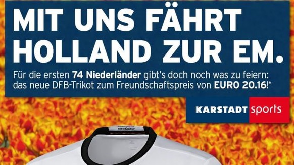 Fies! 2016 verkaufte Karstadt das DFB-Tirkot den Holländern zum Freundschaftspreis.