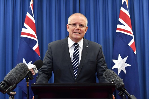 epa07463912 Australian Prime Minister Scott Morrison speaks during a press conference at Waterfront Place in Brisbane, Australia, 26 March 2019. Prime Minister Morrison spoke to the media about his go ...