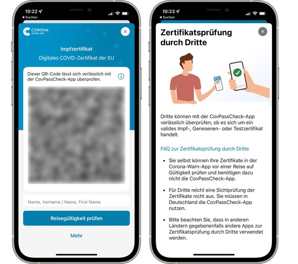 Der Blick in die deutsche Corona-Warn-App zeigt, dass Kontrolleure aufgefordert werden, die separat verfügbare Prüf-App (auf ihrem Smartphone) zu verwenden.