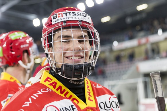 Le defenseur biennois Valentin Nussbaumer, lors du match du championnat suisse de hockey sur glace de National League entre le HC Bienne et le Geneve Servette HC ce samedi, 16 septembre 2017 a la Tiss ...