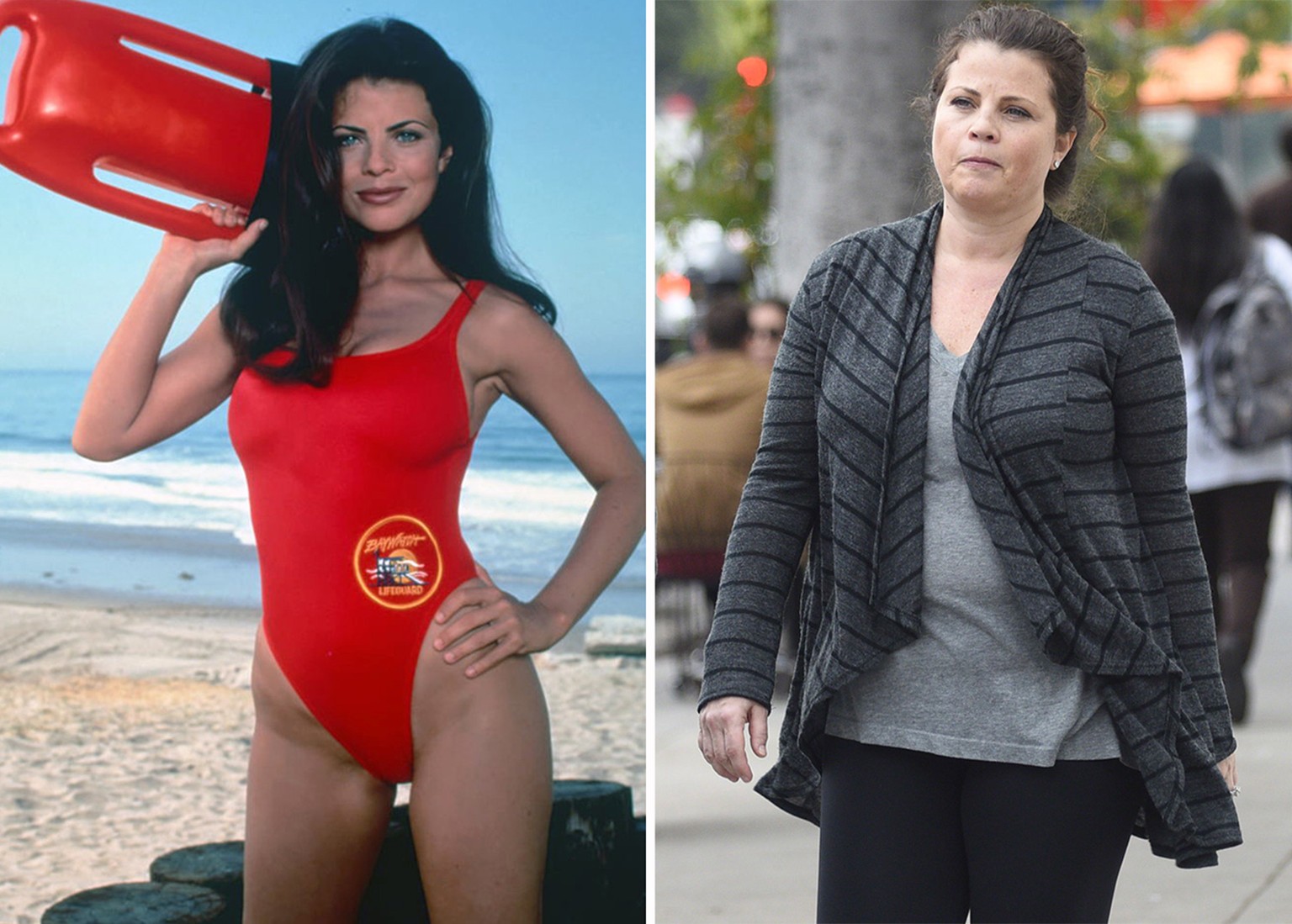 Yasmine Bleeth als knackige Rettungsschwimmerin in den 90ern und als weniger knackige 48-Jährige.&nbsp;