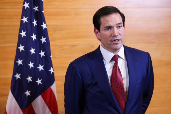 U.S. Secretary of State Marco Rubio speaks to reporters following meetings with Caribbean Community (CARICOM) leaders, at Robert L. Bradshaw International Airport in Basseterre, Saint Kitts and Nevis, ...