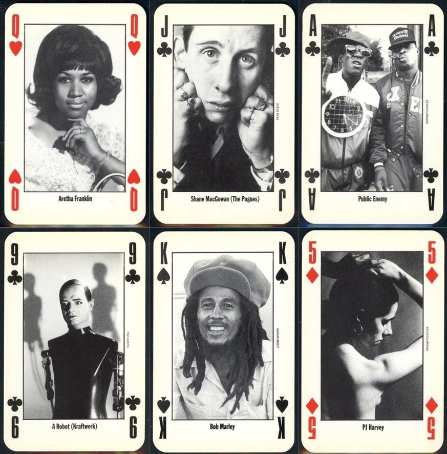 NME rock star playing cards 1991 1992. 
Aretha Franklin, Shane MacGowan, Public Enemy, Kraftwerk, Bob Marley, PJ Harvey

https://www.ebay.co.uk/itm/156597637105