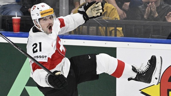 Finland vs Switzerland group A, match of 2024 IIHF World Championship, WM, Weltmeisterschaft in Prague, Czech Republic, May 21, 2024. Kevin Fiala of Switzerland celebrates third goal. CTKxPhoto/Michal ...