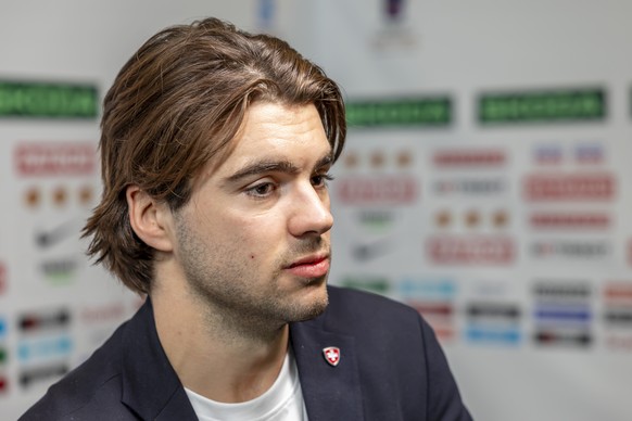 Switzerland&#039;s forward Nico Hischier speak with to media in the mixed zone, after the IIHF 2025 World Championship preliminary round group B game between Switzerland and Kazakhstan, at the Jyske B ...