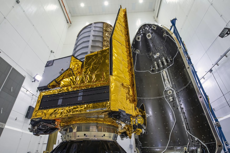 This photo provided by the European Space Agency on June 29, 2023 shows the Euclid space telescope being prepared for launch from Cape Canaveral, Fla. (ESA via AP)