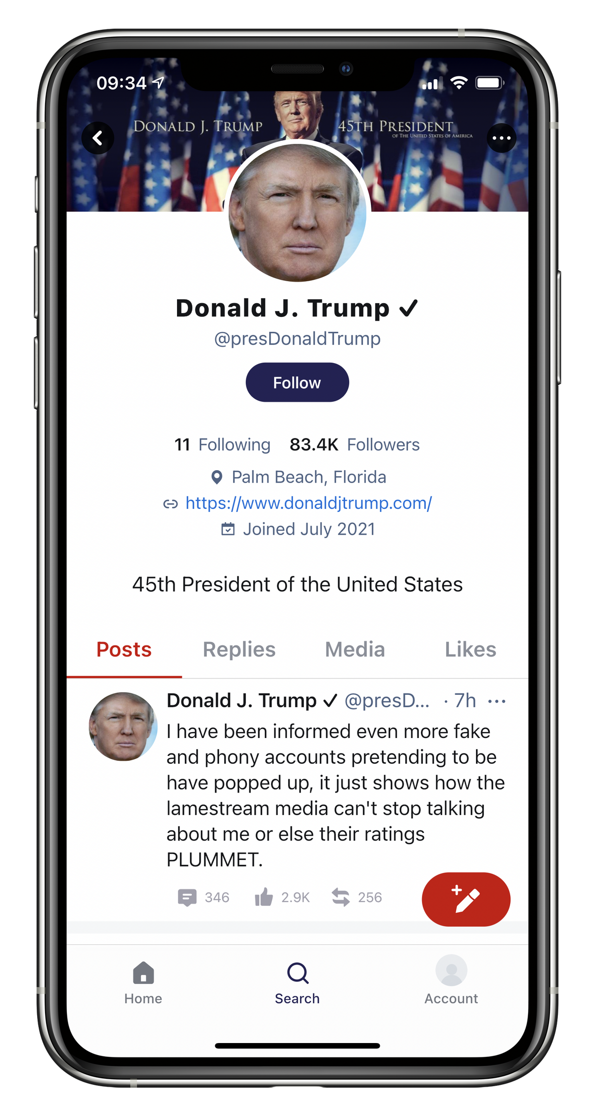 Profil von Donald Trump beim unsicheren Twitter-Klon Gettr.