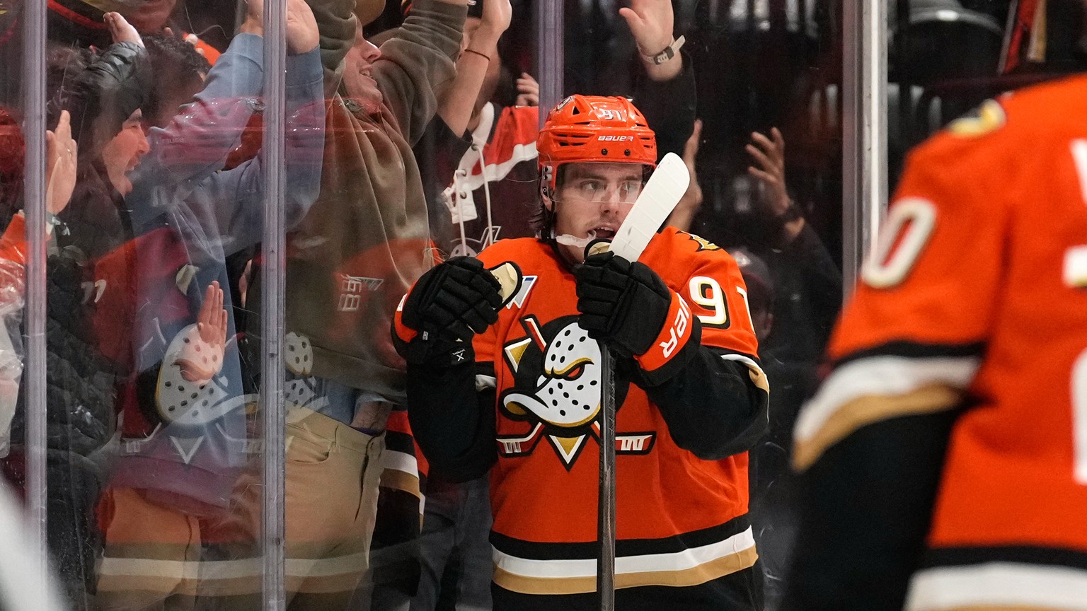 Anaheim Ducks center Leo Carlsson celebrates his goal during the third period of an NHL hockey game against the Winnipeg Jets, Sunday, Nov. 9, 2025, in Anaheim, Calif. (AP Photo/Mark J. Terrill)
Jets  ...