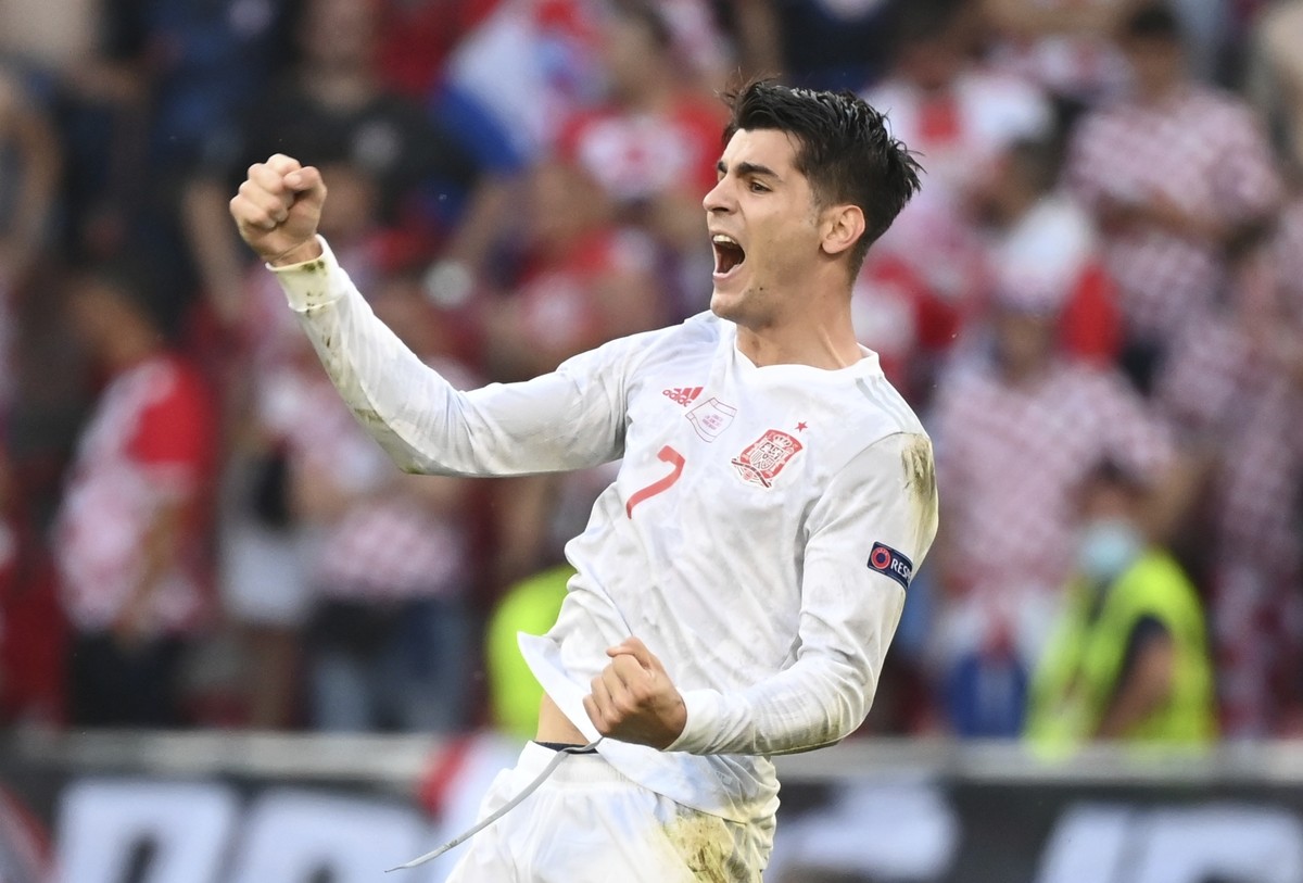Spain's Alvaro Morata celebrates after scoring his side's fourth goal during the Euro 2020 soccer championship round of 16 match between Croatia and Spain at Parken stadium in Copenhagen, De ...