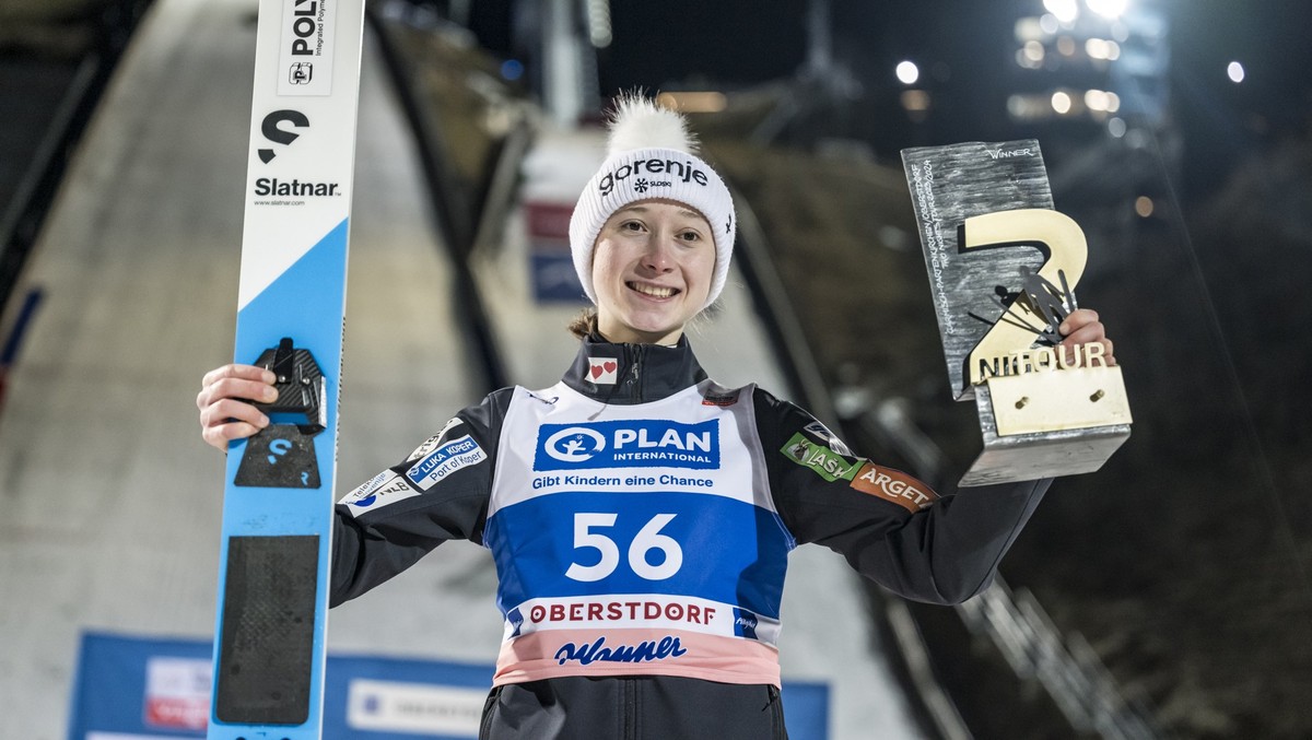 OBERSTDORF, GERMANY - JANUARY 1: Nika Prevc of Slovenia celebrates for winning the Two Nights Tour Ranking after the FIS World Cup Ski Jumping Women Individual HS137 on January 1, 2024 in Oberstdorf,  ...