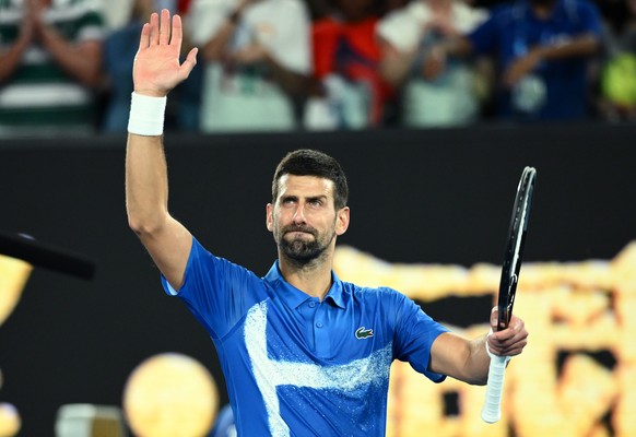 epa11821883 Novak Djokovic of Serbia celebrates following his round 1 win over Nishesh Basavareddy of USA at the 2025 Australian Open in Melbourne, Australia, 13 January 2025. EPA/JOEL CARRETT AUSTRAL ...