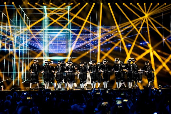 epa12108095 Basel&#039;s Top Secret Drum Corps performs during the dress rehearsal for the Grand Final of the 69th Eurovision Song Contest (ESC) in Basel, Switzerland, 16 May 2025. EPA/GEORGIOS KEFALA ...