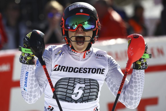 First placed Italy&#039;s Federica Brignone celebrates as she gets to the finish area at the end of a women&#039;s World Cup combined, in Crans Montana, Switzerland, Sunday, Feb. 23, 2019. (AP Photo/A ...