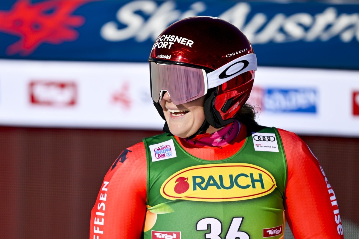 Melanie Meillard of Switzerland reacts in the finish area during the second run of the Women's Giant Slalom race of the FIS Alpine Ski World Cup season opener on the Rettenbach glacier, in Soelde ...