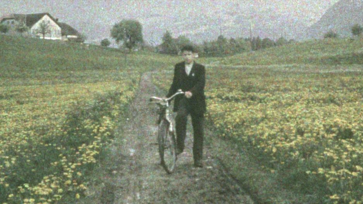 Mann mit Fahrrad, unterwegs durch eine Blumenwiese im Berner Oberland. Im Hintergrund der Niesen, um 1933.
https://permalink.nationalmuseum.ch/100327104