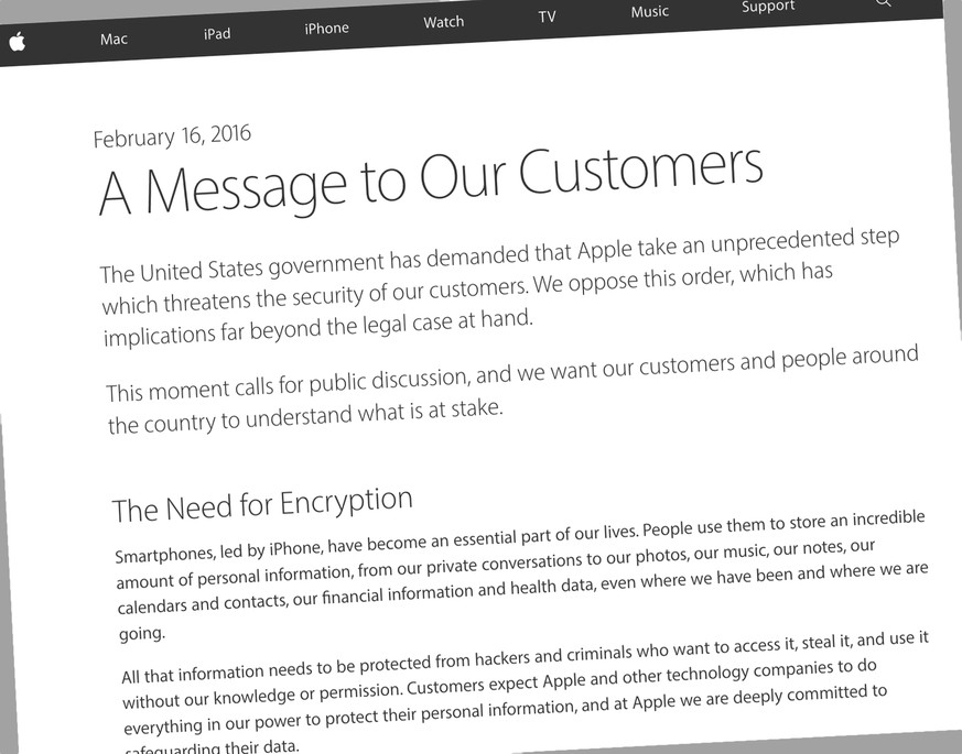 Offener Brief an die Kunden (und das FBI): Apple will die Verschlüsselung nicht schwächen.