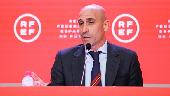 April 20, 2022, LAS ROZAS, MADRID, SPAIN: Luis Rubiales, President of RFEF Real Spanish Soccer Federation and Andreu Camps i Povill, General Secretary of RFEF Real Spanish Soccer Federation during pre ...