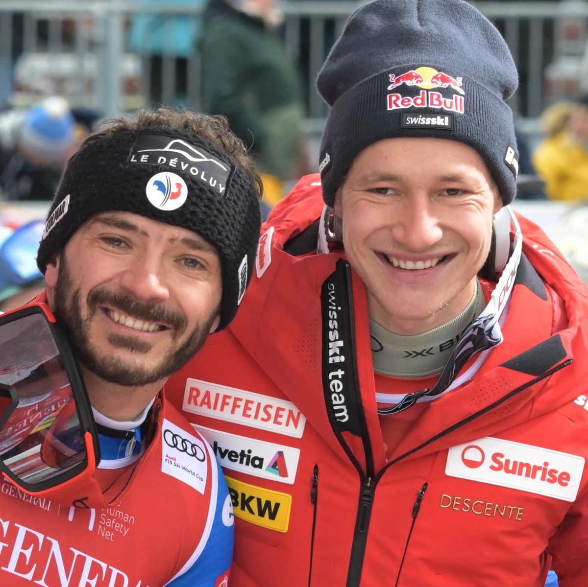 epa11089603 (L-R) Florian Schieder of Italy, Cyprien Sarrazin of France and Marco Odermatt of Switzerland pose in the finish area during the Men's Downhill race at the FIS Alpine Skiing World Cup ...