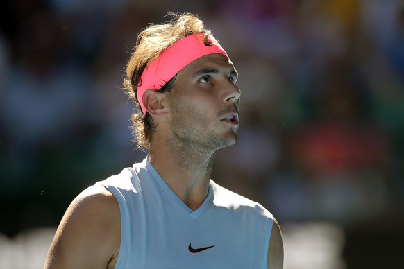 epa06445370 Rafael Nadal of Spain reacts against Leonardo Mayer of Argentina during the second round on day three of the Australian Open tennis tournament in Melbourne, Victoria, Australia, 17 January ...