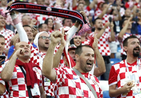 Croatia fans cheer prior the group D match between Croatia and Nigeria at the 2018 soccer World Cup in the Kaliningrad Stadium in Kaliningrad, Russia, Saturday, June 16, 2018. (AP Photo/Petr David Jos ...
