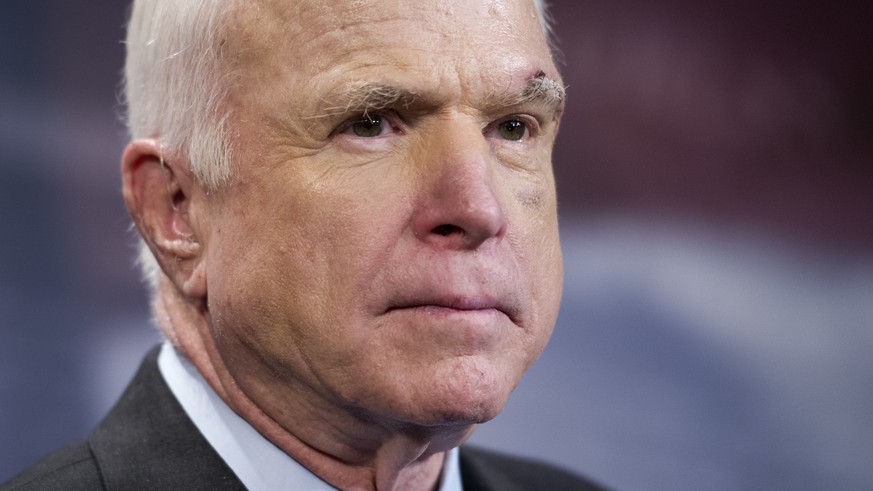 FILE--In this July 27, 2017, file photo, Sen. John McCain, R-Ariz., speaks to reporters on Capitol Hill in Washington. McCain says he hates the healthy diet his wife and daughter are forcing on him as ...