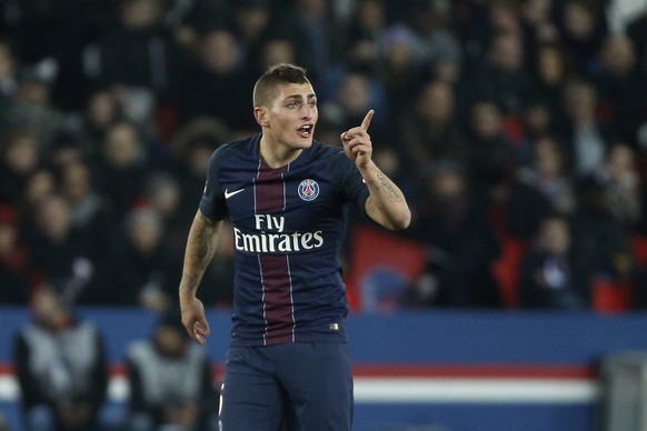 FILE - In this Sunday, Dec. 11, 2016 file photo, PSG&#039;s Marco Verratti gestures during the League One soccer match against Nice, at the Parc des Princes stadium, in Paris, France. Verratti was giv ...