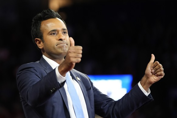 Vivek Ramaswamy arrives before Republican presidential nominee former President Donald Trump at a campaign rally at the Santander Arena, Wednesday, Oct. 9, 2024, in Reading, Pa. (AP Photo/Alex Brandon ...