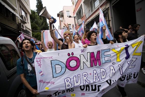 People shout slogans during a march in support of transgender people and their rights as part of LGBTQ Pride week in Istanbul, Turkey, Sunday, June 18, 2023. (AP Photo/Emrah Gurel)