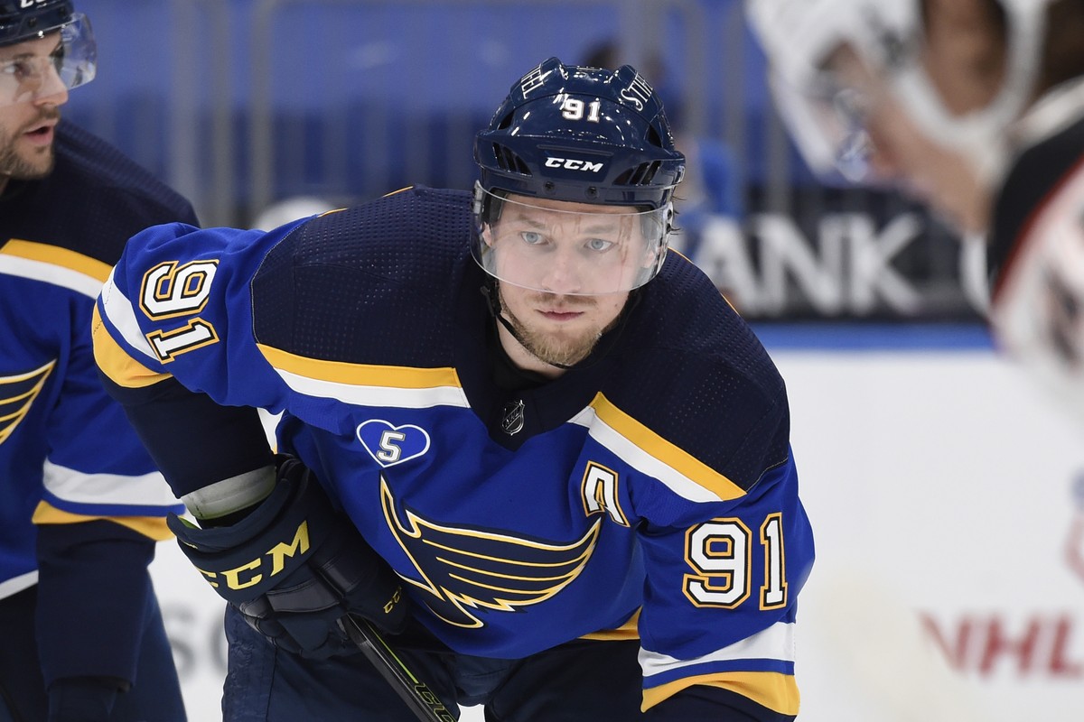 FILE - In this March 26, 2021, file photo, St. Louis Blues' Vladimir Tarasenko (91) waits for a face-off during the third period of an NHL hockey game against the Anaheim Ducks in St. Louis. Tara ...