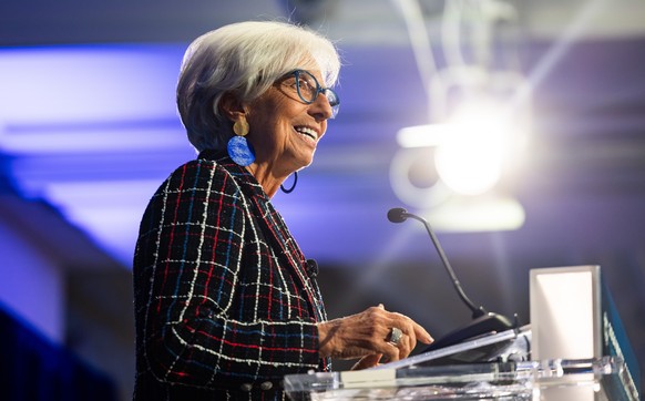 epa11616219 Governor of the European Central Bank Christine Lagarde speaks at the 2024 Michel Camdessus Annual Central Banking Lecture at the International Monetary Fund (IMF), in Washington, DC, USA, ...