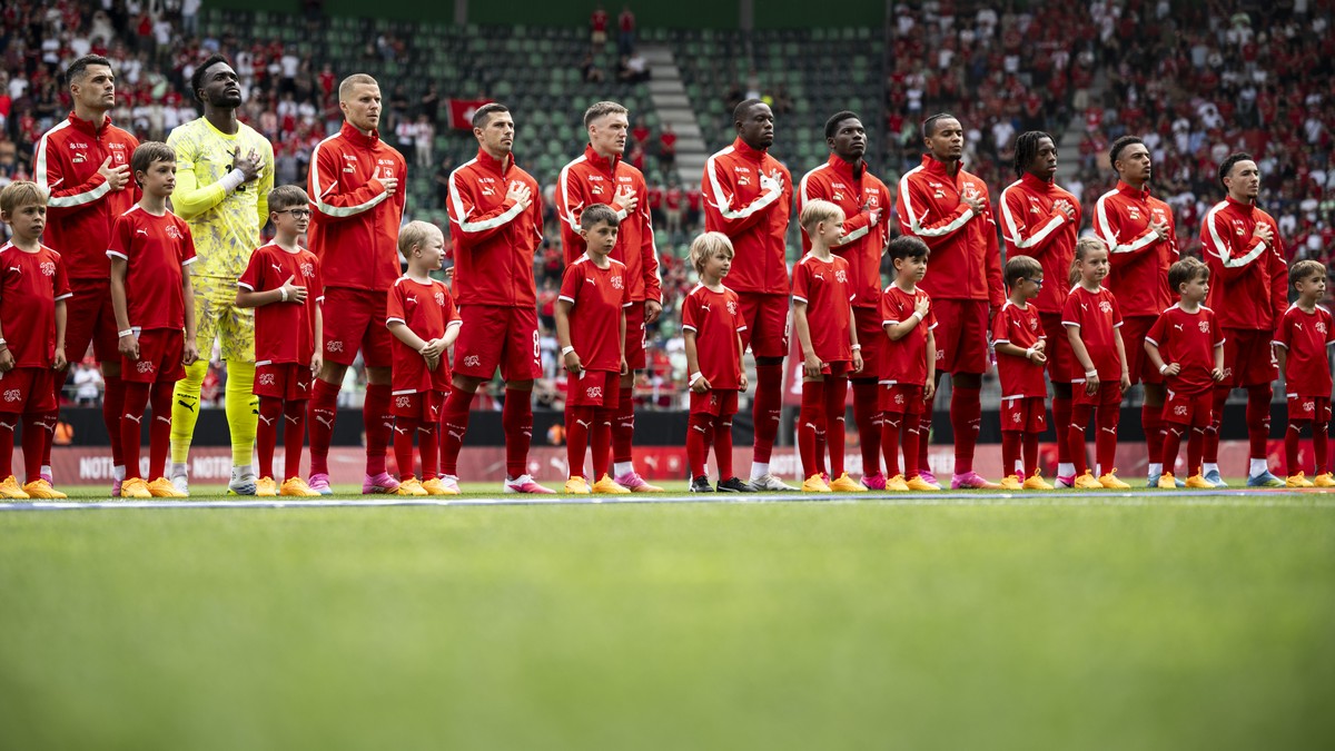 Switzerland sings the national anthem during the friendly soccer match between Switzerland and Jordan, at the kybunpark, in St. Gallen, Switzerland, Sunday, May 31, 2026. (KEYSTONE/Gian Ehrenzeller)