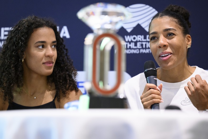 Switzerland&#039;s sprinters Mujinga Kambundji, right, and her sister Ditaji Kambundji, left, speak during a press conference on the eve of the Athletissima IAAF Diamond League international athletics ...