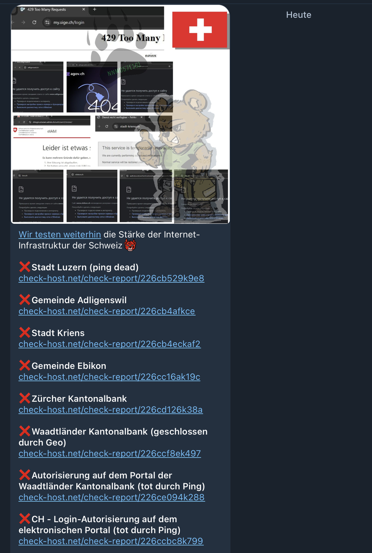 Screenshot aus dem Telegram-Kanal prorussischer Cyberkrimineller, die sich «NoName057(16)» nennen. Erstellt am 21. Januar 2025.