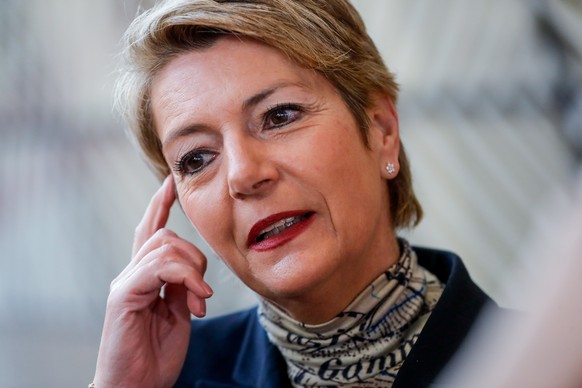 epa09798294 Swiss Federal Councillor Karin Keller-Sutter speaks to the press ahead of a Justice and Home Affairs Council on the response to the situation in Ukraine at the European Council in Brussels ...