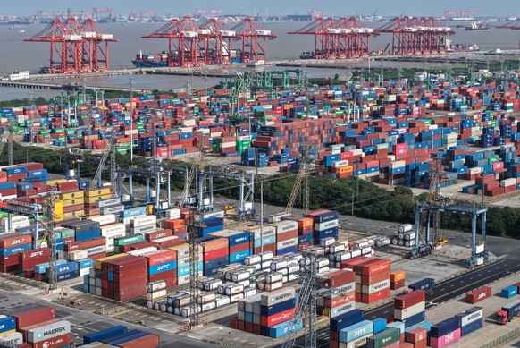 An aerial view of a container terminal in seen in Shanghai, Tuesday, March 10, 2026. (Chinatopix via AP)
China Trade