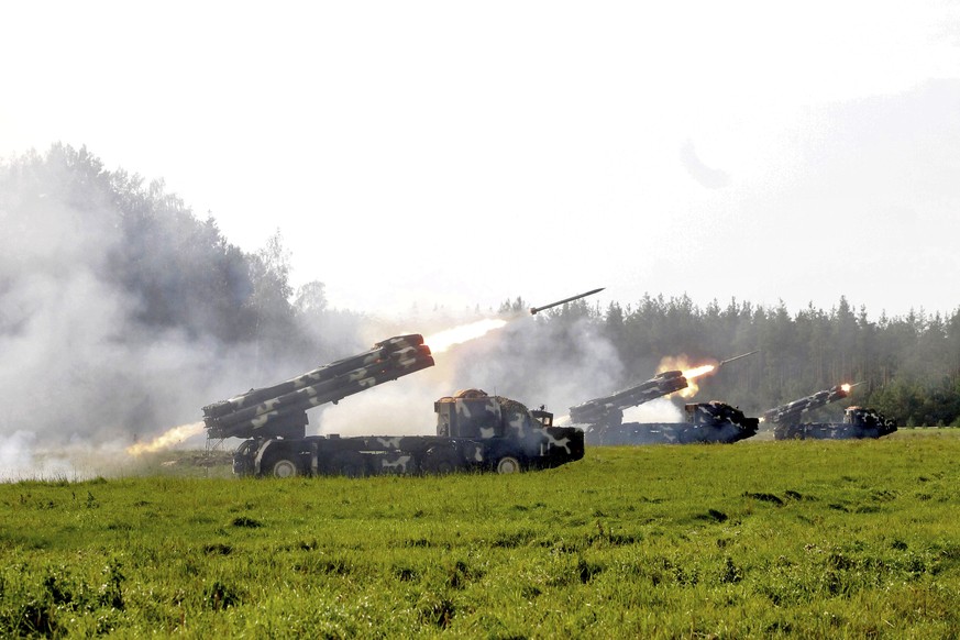 In this Sunday, Sept. 17, 2017, photo provided Monday, Sept. 18, by Vayar Military Agency, Belarus army missile systems fire during a military exercise at an undisclosed location in Belarus. Russia an ...