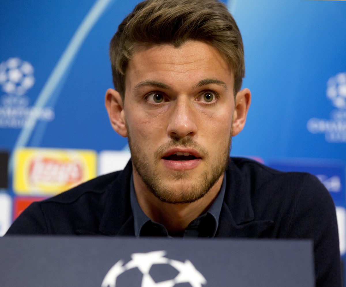 FILE - In this April 9, 2019, file photo, Juventus' Daniele Rugani answers questions during a press conference at the Johan Cruyff ArenA in Amsterdam, Netherlands. Italian soccer club Juventus an ...