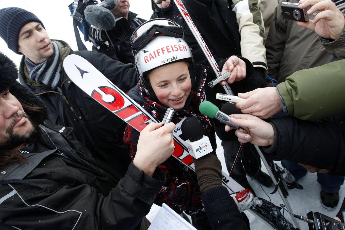 Lara Gut, ski racer from Switzerland, speaks to journalists after a training session prior the World Alpine Ski Championships in Val d'Isere, France, Monday, February 2, 2009. The Alpine World Sk ...