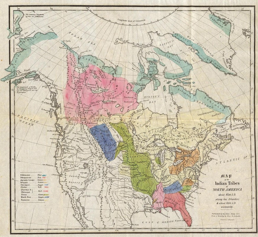 Gallatins Karte der Einflussbereiche von Nordamerikanischen Ureinwohnerstämmen um 1600. Erstellt um 1836.