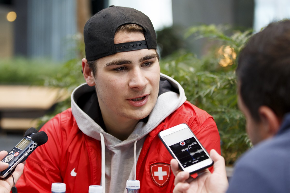 Switzerland's forward Timo Meier speaks to the journalists, during the media opportunity of the Switzerland National Ice Hockey Team a training session, at the IIHF 2018 World Championship, in Co ...