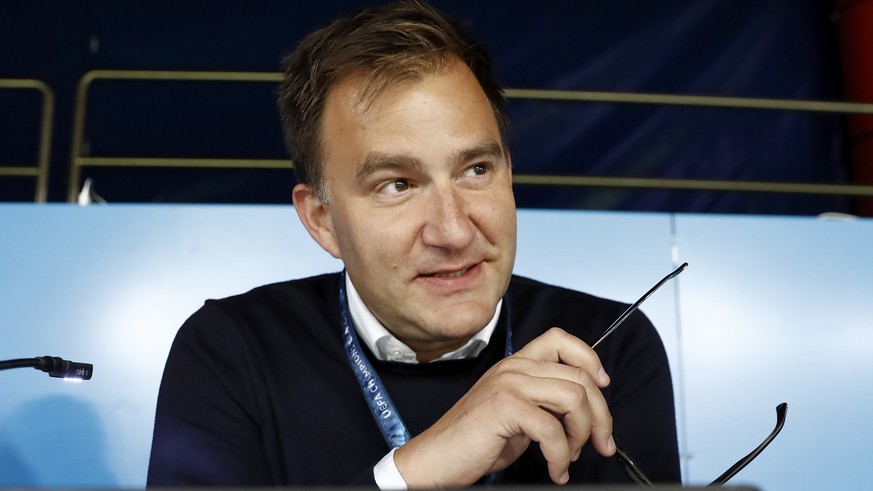 Sascha Ruefer, Swiss sports moderator for the Swiss TV SRF, looks on prior to the 2018 Fifa World Cup Russia group B qualification soccer match between Switzerland and Hungary in the St. Jakob-Park st ...