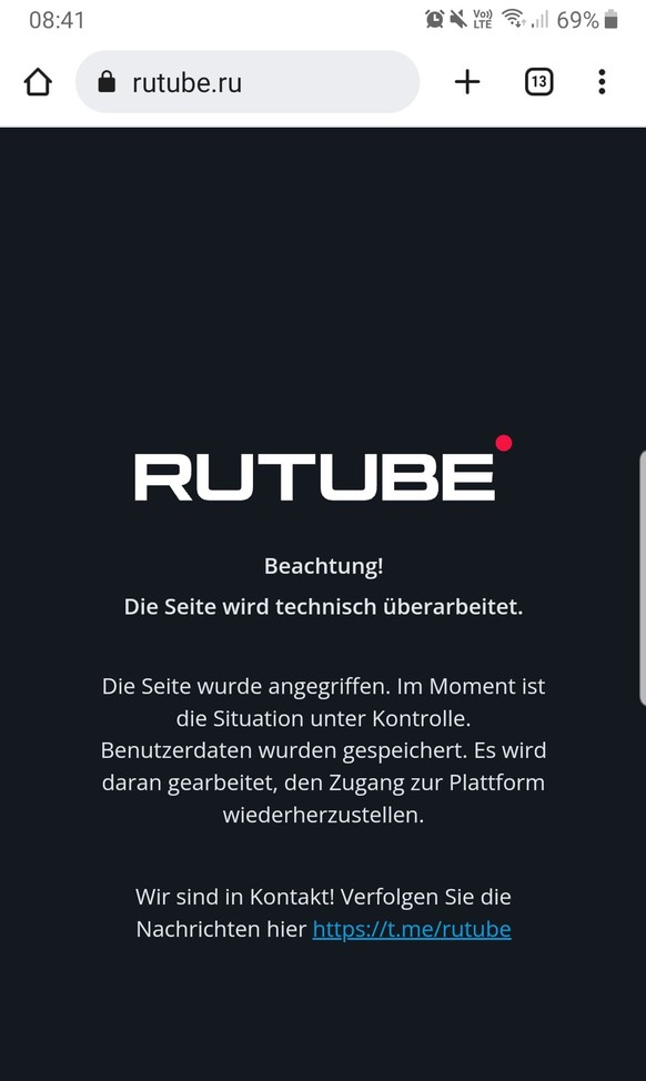 Die übersetzte Nachricht auf der Rutube-Webseite.