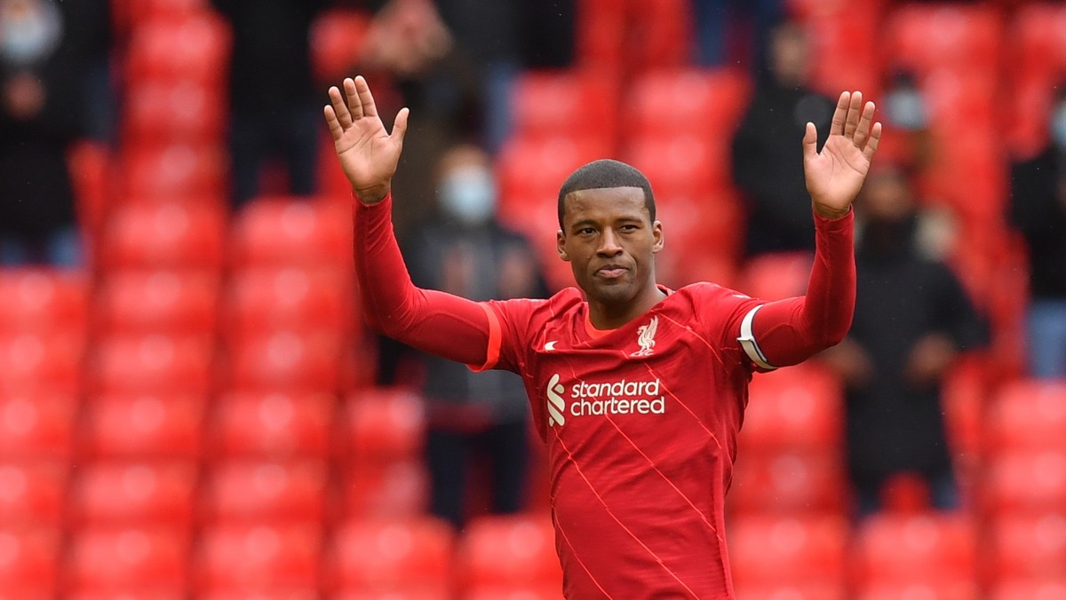 epa09223369 Liverpool's Georginio Wijnaldum walks off after being substituted during the English Premier League soccer match between Liverpool FC and Crystal Palace in Liverpool, Britain, 23 May  ...