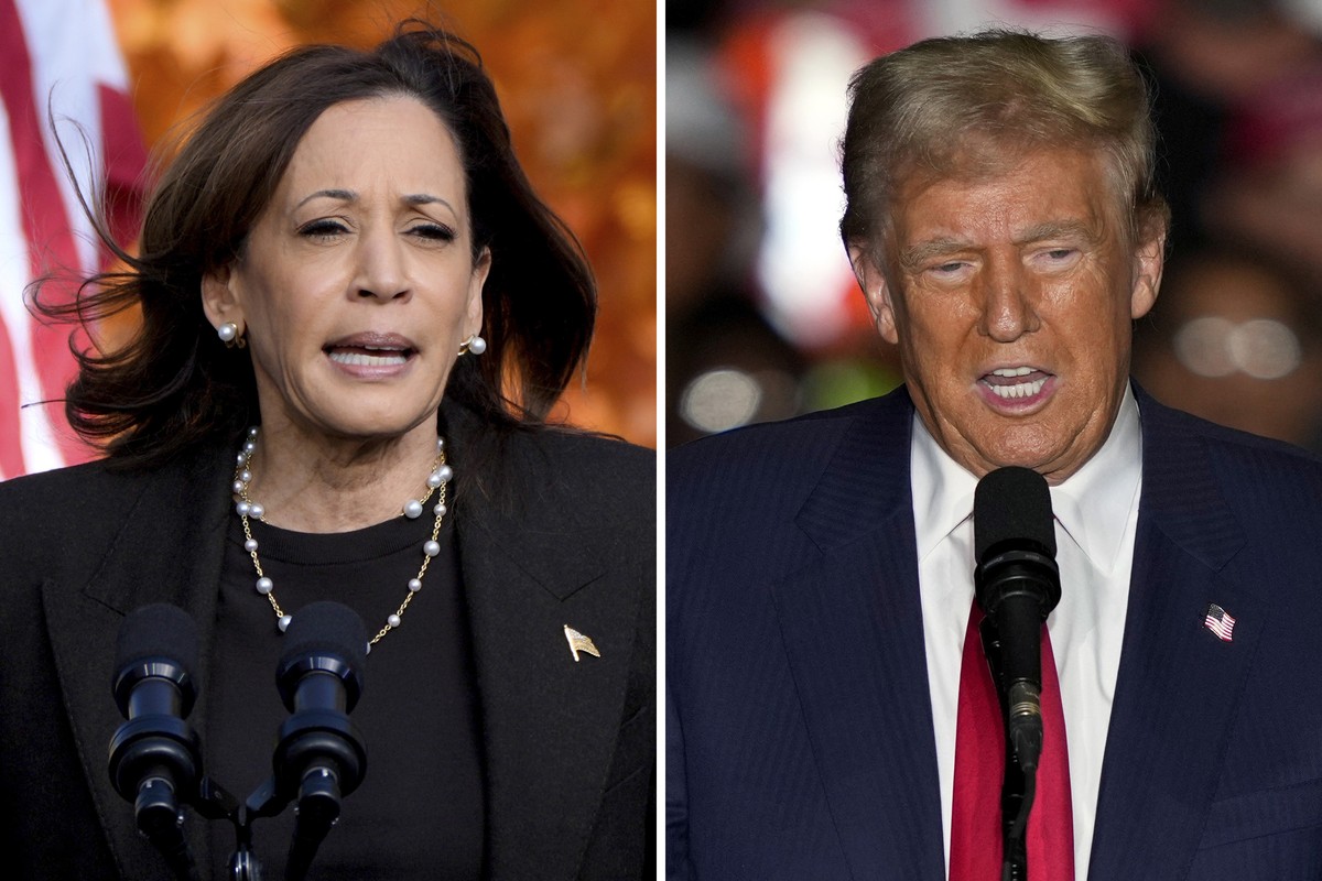 This combination of file photos shows Democratic presidential nominee Vice President Kamala Harris, left, speaking at a campaign rally Oct. 18, 2024, in Grand Rapids, Mich., and Republican presidentia ...