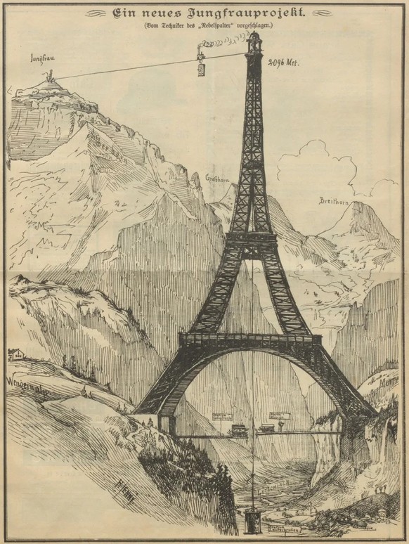 Ein Eiffelturm auf der Jungfrau? Karikatur aus dem Nebelspalter als Antwort auf Koechlins Projekt.
https://www.e-periodica.ch/digbib/view?pid=neb-001%3A1889%3A15%3A%3A2699
