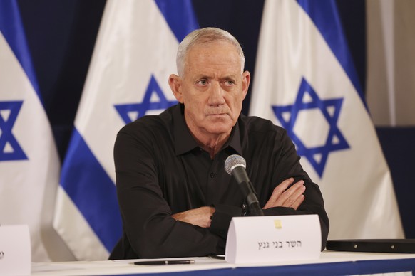 FILE - Israeli Cabinet Minister Benny Gantz attends a press conference in the Kirya military base in Tel Aviv, Israel, on Oct. 28, 2023. While Israelis quickly rallied behind the military, Israeli pri ...