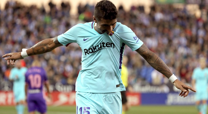 epa06337604 FC Barcelona&#039;s Brazilian player Jose Paulo Becerra &#039;Paulinho&#039; celebrates after scoring the 0-3 goal against Leganes during their Spanish Primera Division League soccer match ...